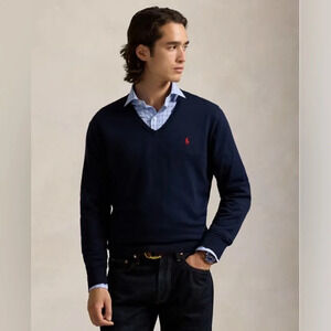 Men’s Polo V-Neck Long Sleeve Navy Sweater Size Large EUC